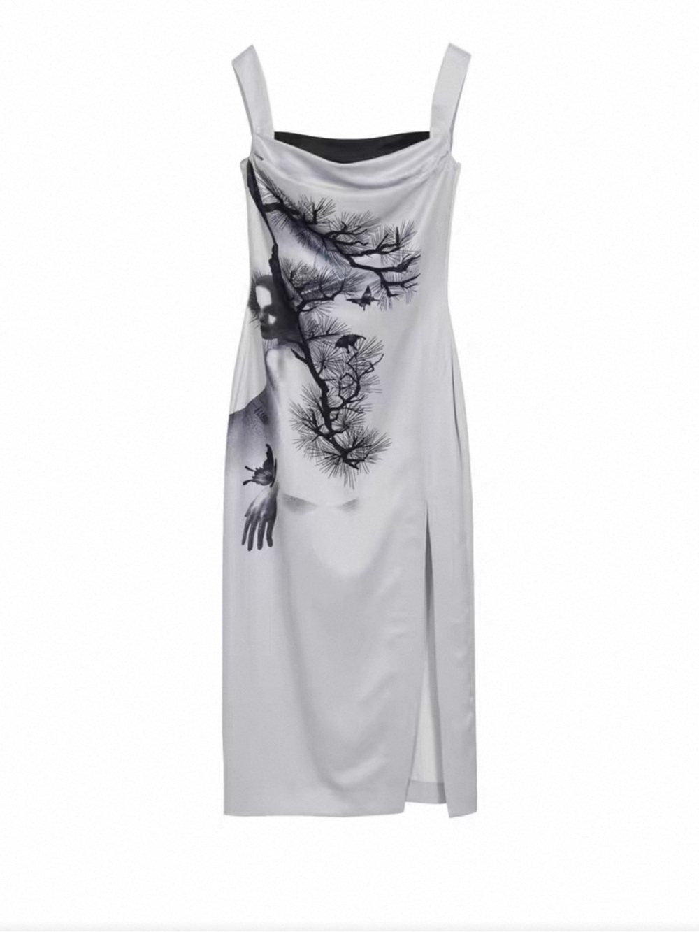 Korea brand beautiful printed satin midi dress (silver/black)